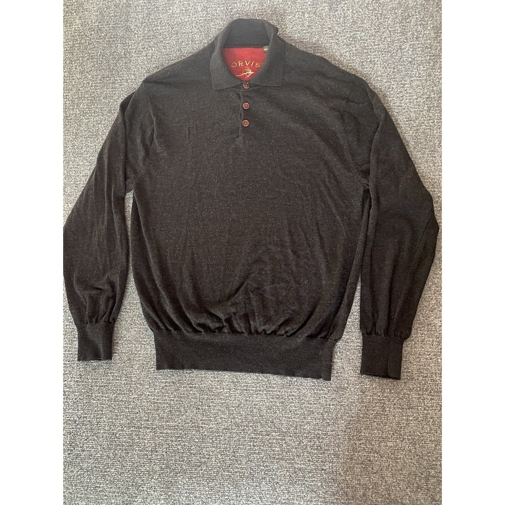 Orvis 100% Merino Wool Charcoal Grey Quarter Button Collared Pullover Sweater XL